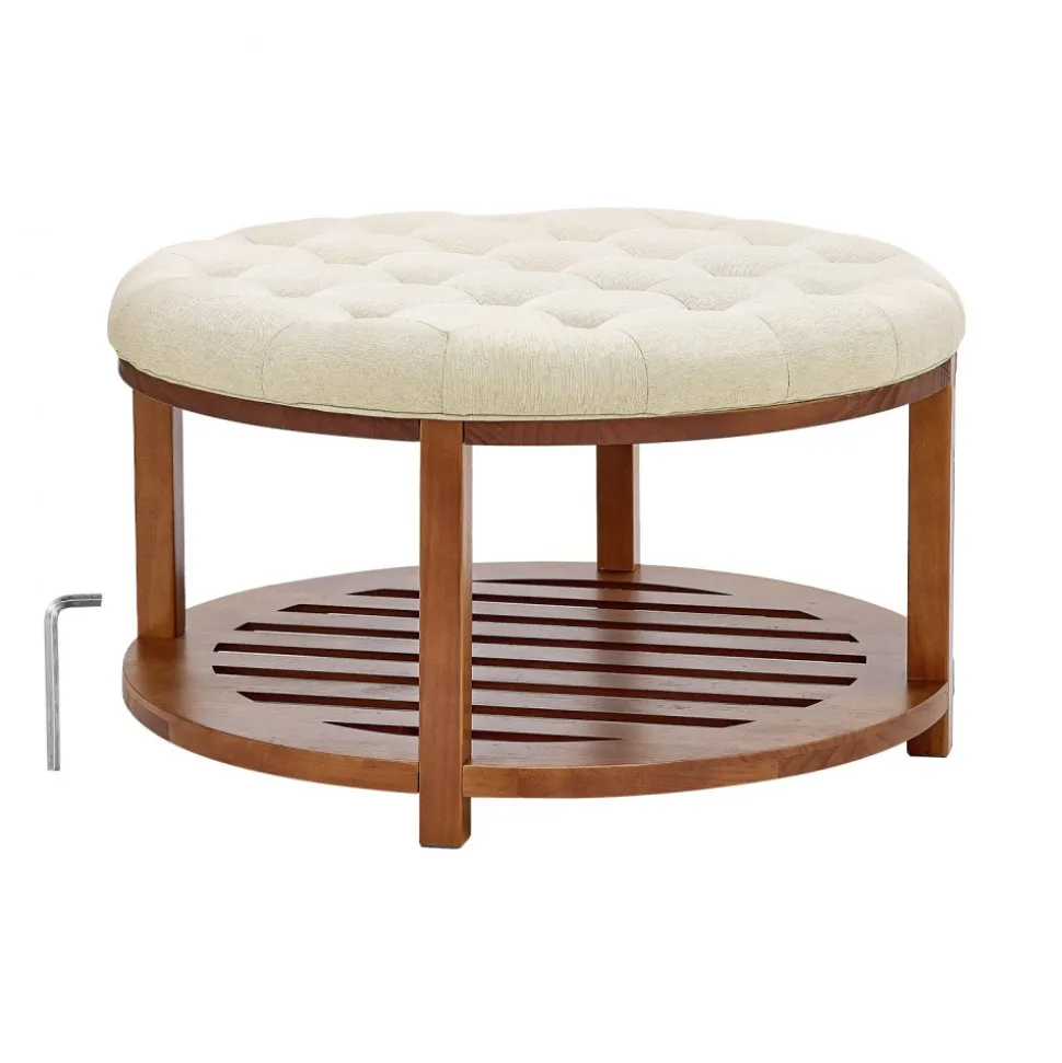 VEVOR Large Round Ottoman Coffee Table, 31.9 Inch Tufted Coffee Table with Solid Wood Shelf Storage, Linen Solid Upholstered Footrest Ottoman for Bedroom Living Room, 350 LBS, Linen Color