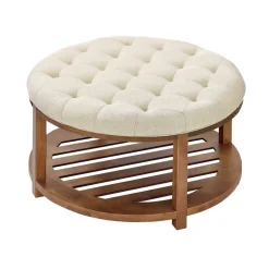 VEVOR Large Round Ottoman Coffee Table, 31.9 Inch Tufted Coffee Table with Solid Wood Shelf Storage, Linen Solid Upholstered Footrest Ottoman for Bedroom Living Room, 350 LBS, Linen Color