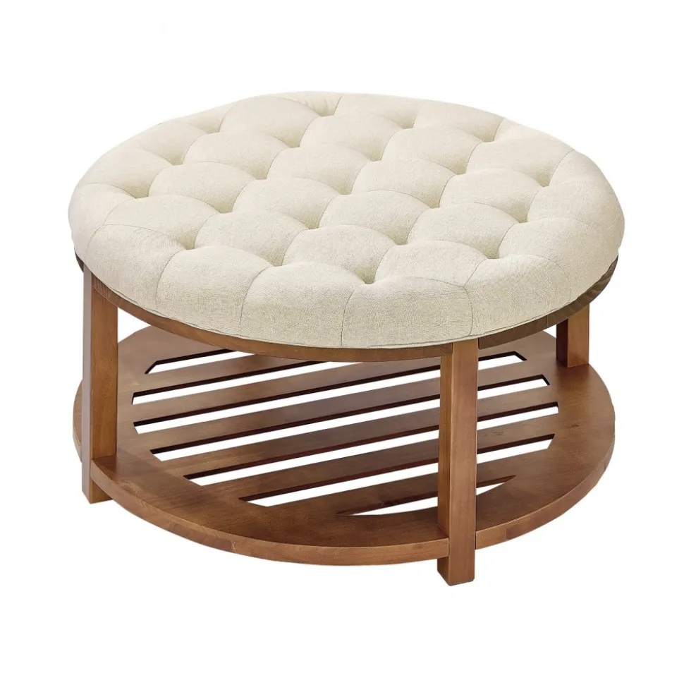 VEVOR Large Round Ottoman Coffee Table, 31.9 Inch Tufted Coffee Table with Solid Wood Shelf Storage, Linen Solid Upholstered Footrest Ottoman for Bedroom Living Room, 350 LBS, Linen Color