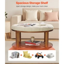 VEVOR Large Round Ottoman Coffee Table, 31.9 Inch Tufted Coffee Table with Solid Wood Shelf Storage, Linen Solid Upholstered Footrest Ottoman for Bedroom Living Room, 350 LBS, Linen Color