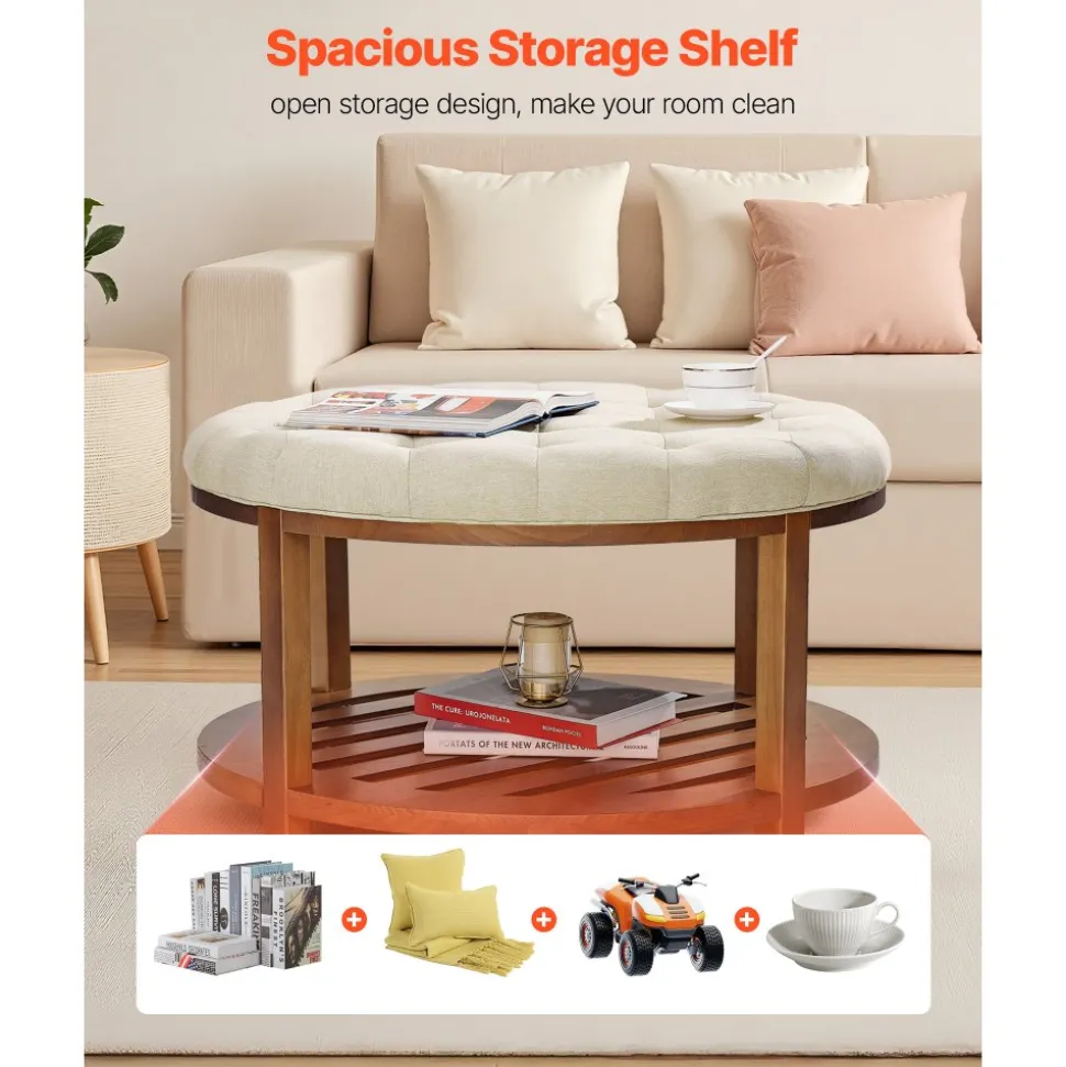 VEVOR Large Round Ottoman Coffee Table, 31.9 Inch Tufted Coffee Table with Solid Wood Shelf Storage, Linen Solid Upholstered Footrest Ottoman for Bedroom Living Room, 350 LBS, Linen Color