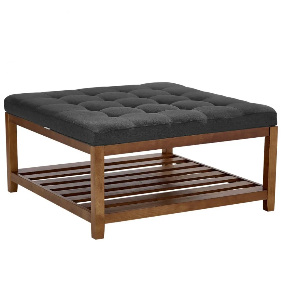 VEVOR Large Square Ottoman Coffee Table, 34.5 Inch Tufted Coffee Table with Solid Wood Shelf Storage, Linen Solid Upholstered Footrest Ottoman for Bedroom Living Room, 400 LBS, Dark Gray