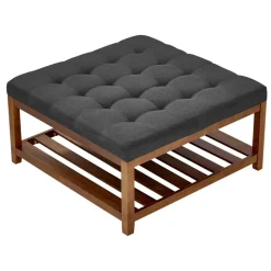 VEVOR Large Square Ottoman Coffee Table, 34.5 Inch Tufted Coffee Table with Solid Wood Shelf Storage, Linen Solid Upholstered Footrest Ottoman for Bedroom Living Room, 400 LBS, Dark Gray