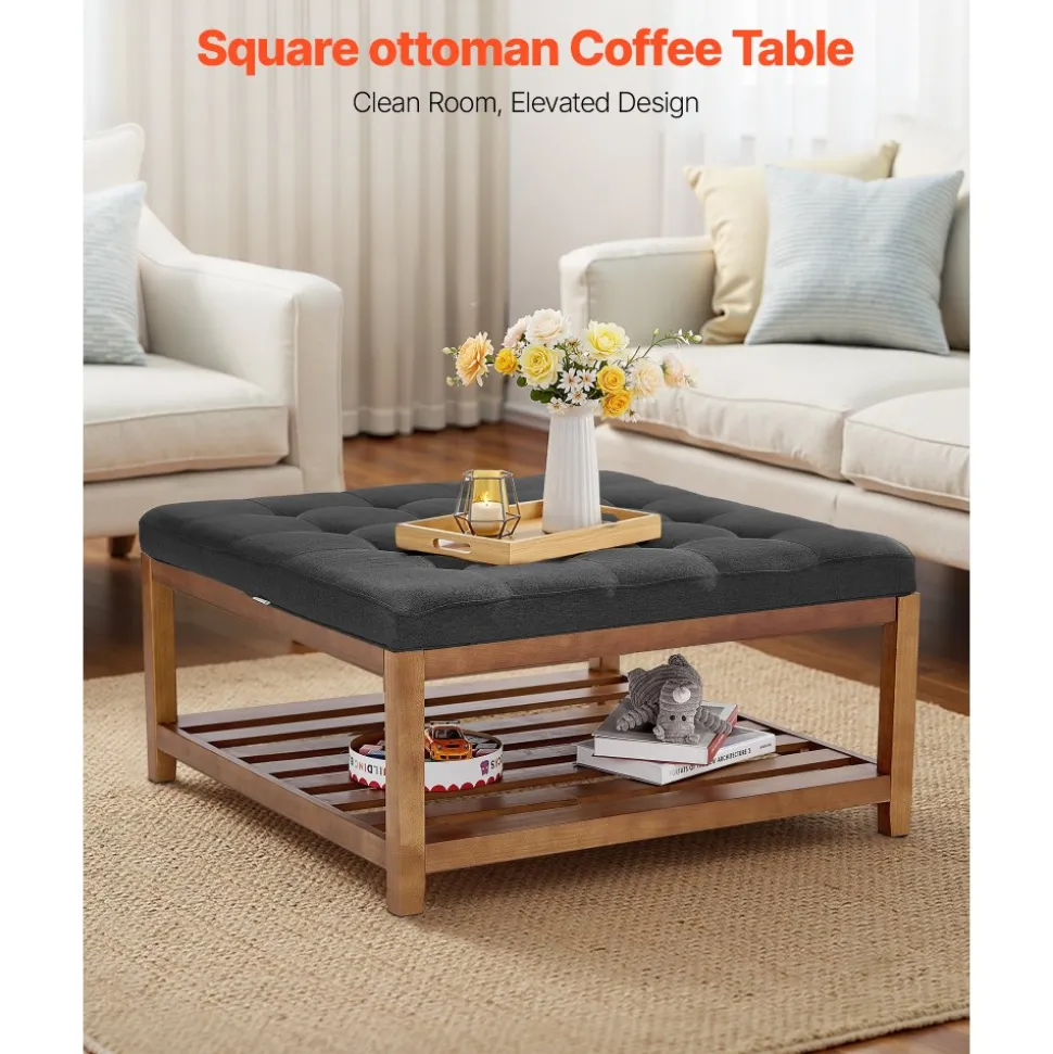 VEVOR Large Square Ottoman Coffee Table, 34.5 Inch Tufted Coffee Table with Solid Wood Shelf Storage, Linen Solid Upholstered Footrest Ottoman for Bedroom Living Room, 400 LBS, Dark Gray