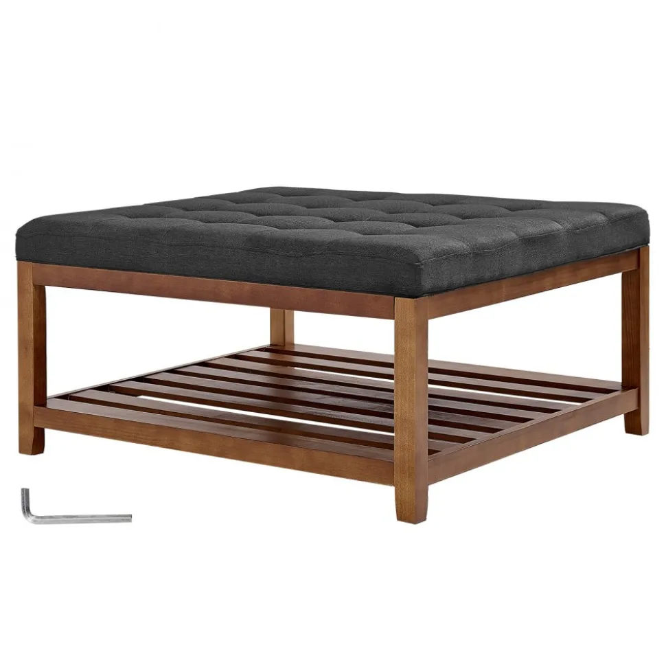 VEVOR Large Square Ottoman Coffee Table, 34.5 Inch Tufted Coffee Table with Solid Wood Shelf Storage, Linen Solid Upholstered Footrest Ottoman for Bedroom Living Room, 400 LBS, Dark Gray