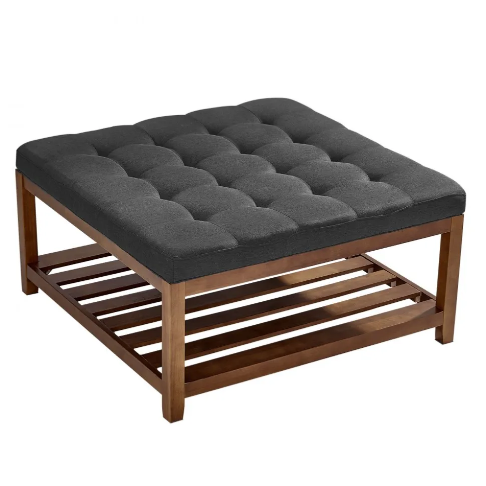 VEVOR Large Square Ottoman Coffee Table, 34.5 Inch Tufted Coffee Table with Solid Wood Shelf Storage, Linen Solid Upholstered Footrest Ottoman for Bedroom Living Room, 400 LBS, Dark Gray