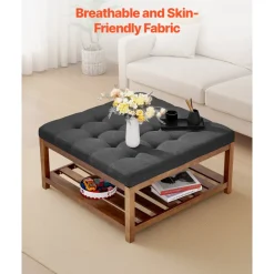 VEVOR Large Square Ottoman Coffee Table, 34.5 Inch Tufted Coffee Table with Solid Wood Shelf Storage, Linen Solid Upholstered Footrest Ottoman for Bedroom Living Room, 400 LBS, Dark Gray