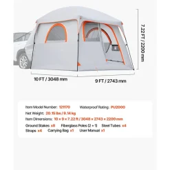 VEVOR Large SUV Tent for 6 Person, 10 x 9 FT 3-Season SUV Tailgate Tent with Ventilated Doors & Mesh Windows, PU2000mm Waterproof Dual-Use Car Rear Hatch Tents for Outdoor Camping Hiking