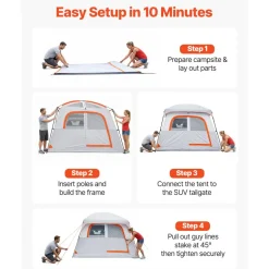 VEVOR Large SUV Tent for 6 Person, 10 x 9 FT 3-Season SUV Tailgate Tent with Ventilated Doors & Mesh Windows, PU2000mm Waterproof Dual-Use Car Rear Hatch Tents for Outdoor Camping Hiking
