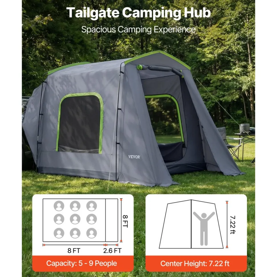VEVOR Large SUV Tent for 5–9 Person, 10.6 x 8 FT All-Season SUV Tailgate Tent with Ventilated Door & Mesh Windows, PU3000mm Waterproof Dual-Use Car Rear Hatch Tents for Outdoor Camping Hiking