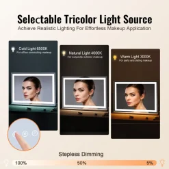 VEVOR Large Vanity Mirror with Lights, Three Color Lighting Modes, Lighted Makeup LED Mirror,5X Magnification,USB Port,Smart Touch Control,Desktop Wall-Mounted (31.5x21.7 in, White)
