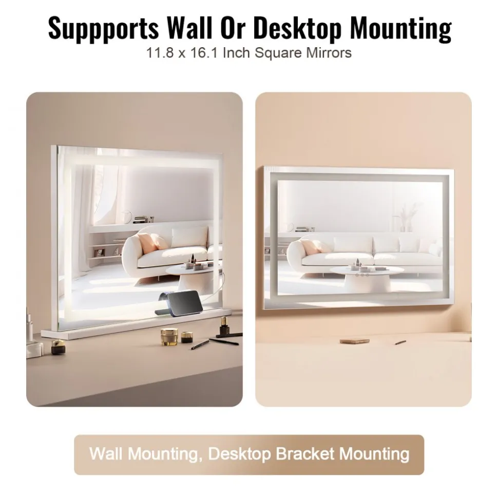 VEVOR Large Vanity Mirror with Lights, Three Color Lighting Modes, Lighted Makeup LED Mirror,5X Magnification,USB Port,Smart Touch Control,Desktop Wall-Mounted (31.5x21.7 in, White)
