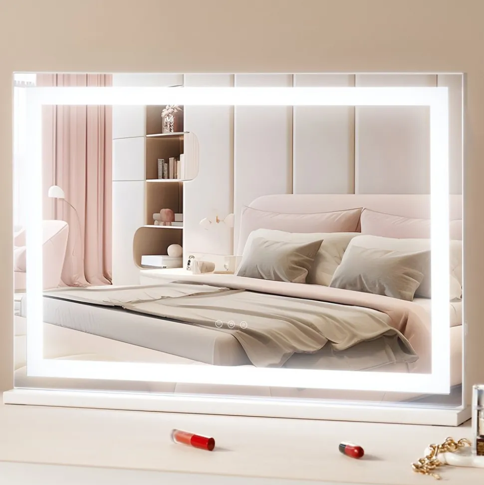 VEVOR Large Vanity Mirror with Lights, Three Color Lighting Modes, Lighted Makeup LED Mirror,5X Magnification,USB Port,Smart Touch Control,Desktop Wall-Mounted (31.5x21.7 in, White)