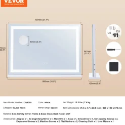 VEVOR Large Vanity Mirror with Lights, Three Color Lighting Modes, Lighted Makeup LED Mirror,5X Magnification,USB Port,Smart Touch Control,Desktop Wall-Mounted (31.5x21.7 in, White)