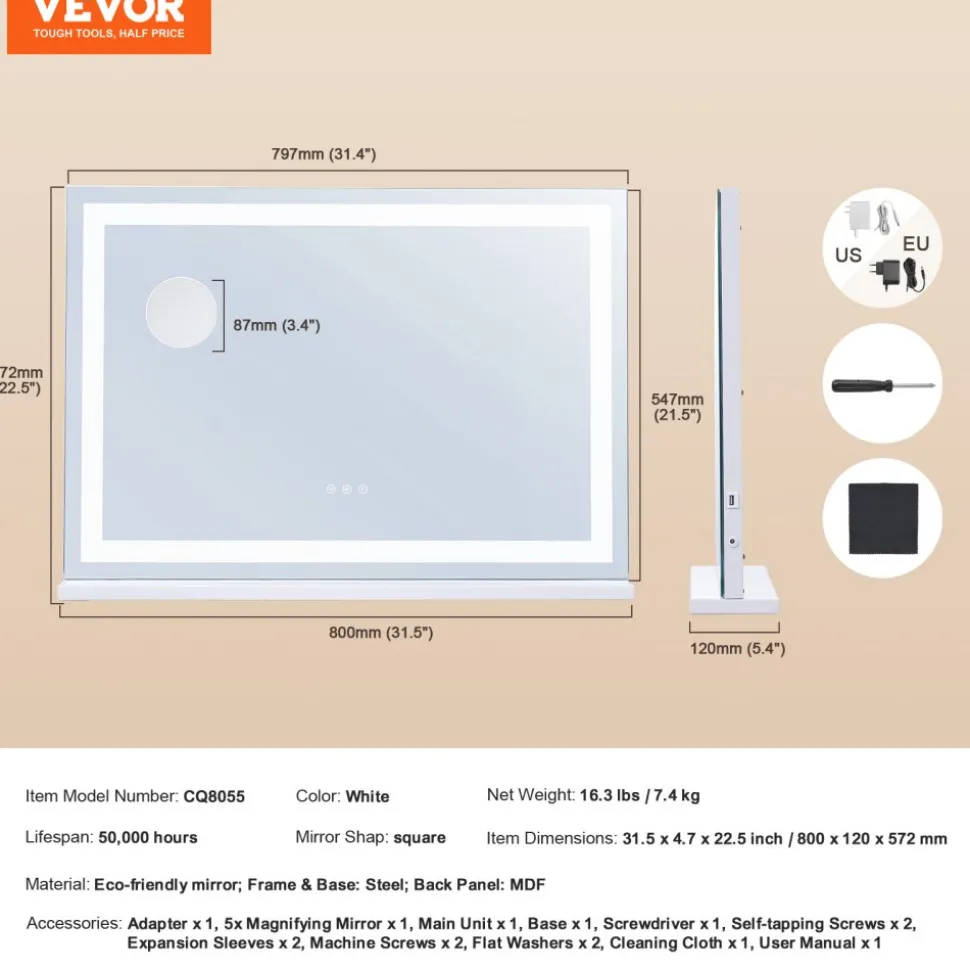VEVOR Large Vanity Mirror with Lights, Three Color Lighting Modes, Lighted Makeup LED Mirror,5X Magnification,USB Port,Smart Touch Control,Desktop Wall-Mounted (31.5x21.7 in, White)