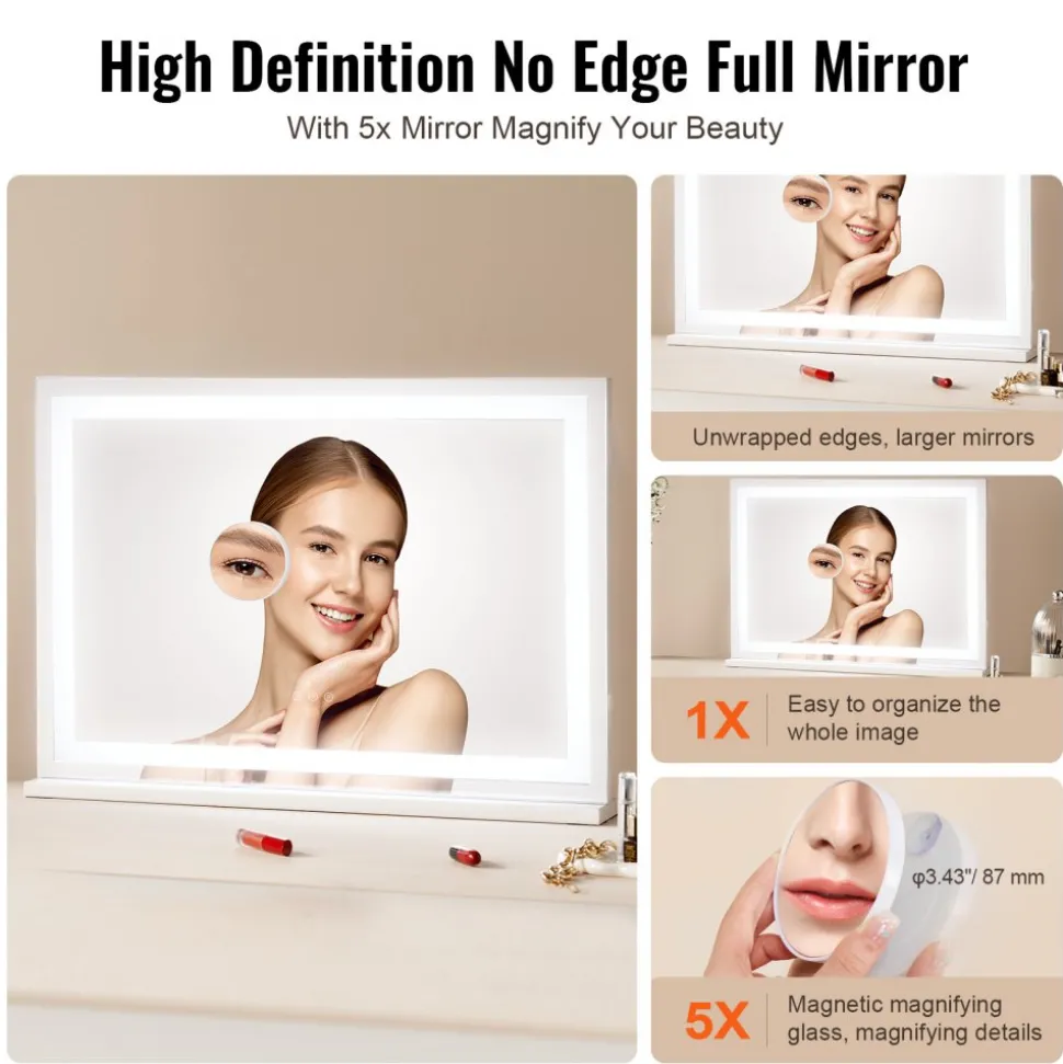VEVOR Large Vanity Mirror with Lights, Three Color Lighting Modes, Lighted Makeup LED Mirror,5X Magnification,USB Port,Smart Touch Control,Desktop Wall-Mounted (31.5x21.7 in, White)