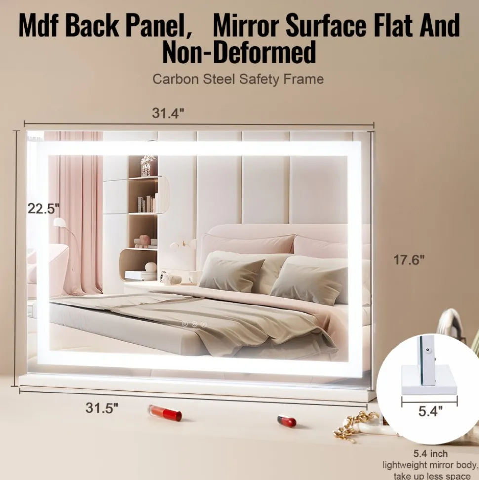 VEVOR Large Vanity Mirror with Lights, Three Color Lighting Modes, Lighted Makeup LED Mirror,5X Magnification,USB Port,Smart Touch Control,Desktop Wall-Mounted (31.5x21.7 in, White)