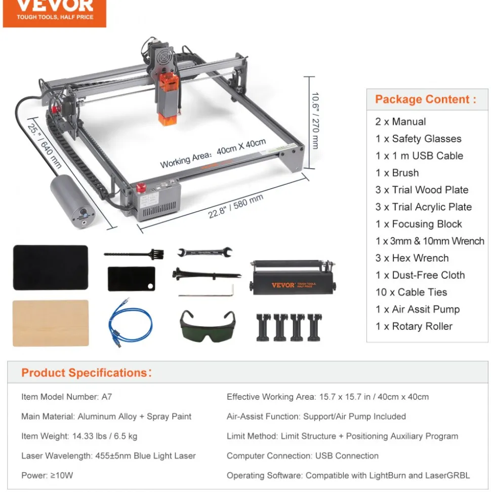 VEVOR Laser Engraver, 10W Output Laser Engraving Machine, 15.7" x 15.7" Large Working Area, 10000mm/min Movement Speed, Compressed Spot with Rotary Roller, Laser Cutter for Wood, Certain Metal