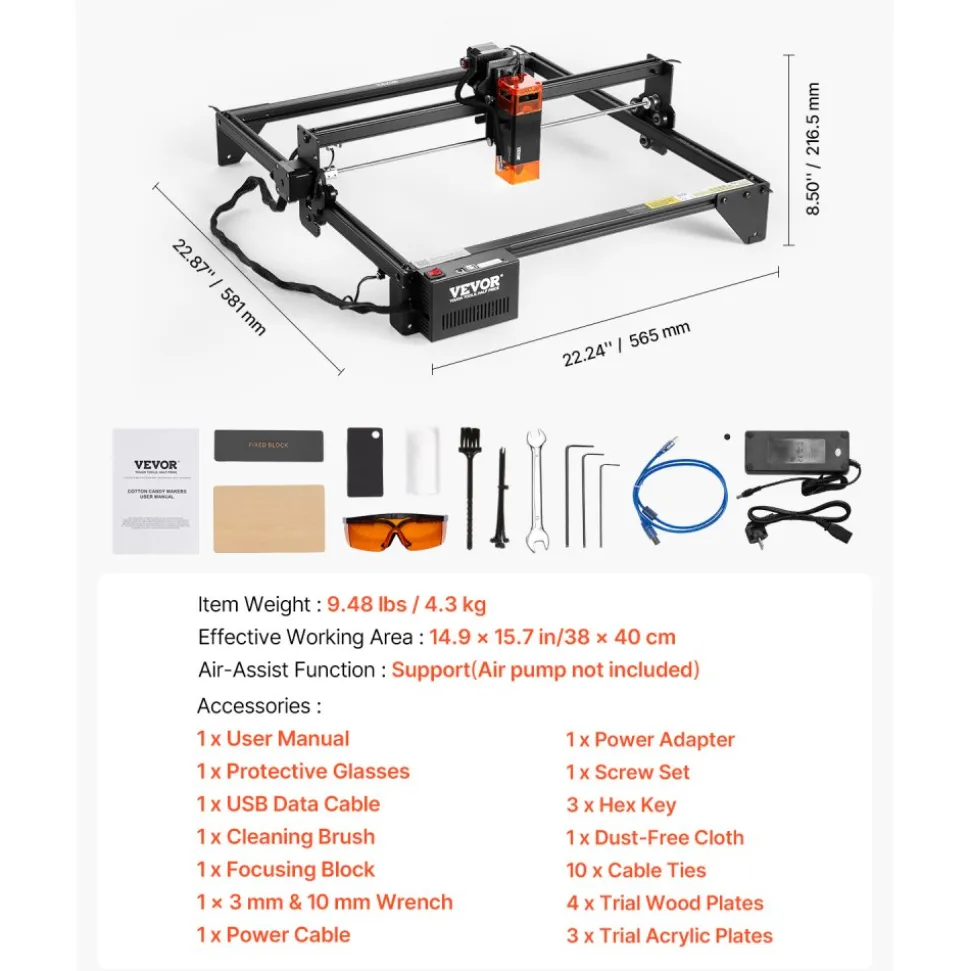 VEVOR Laser Engraver, 5W Output, Laser Engraving Cutter Machine, 14.9 x 15.7 in/38 x 40 cm Working Area, 10000 mm/min Movement Speed, Compressed Spot with Eye Protection, for Wood, Certain Metal