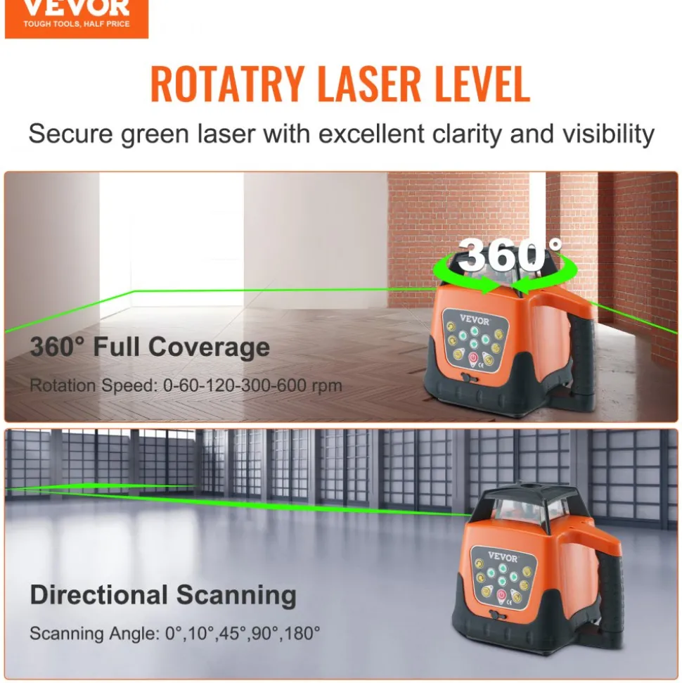 VEVOR Laser Level, 2000ft, 360 Degree Self Leveling Green Cross Line Laser, 5 Rotation Speeds & 4 Scanning Angles Adjustment, IP66 Waterproof Remote Control Manual Self-leveling Mode, Battery Included
