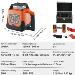 VEVOR Laser Level, 1650ft, 360 Degree Self Leveling Red Cross Line Laser, 5 Rotation Speeds & 4 Scanning Angles Adjustment, IP66 Waterproof Remote Control Manual Self-leveling Mode, Battery Included