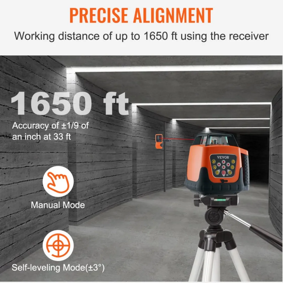 VEVOR Laser Level, 1650ft, 360 Degree Self Leveling Red Cross Line Laser, 5 Rotation Speeds & 4 Scanning Angles Adjustment, IP66 Waterproof Remote Control Manual Self-leveling Mode, Battery Included