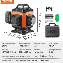 VEVOR Laser Level, 100ft, Self Leveling Manual Green 4 x 360° Cross 16 Line Laser, IP54 Waterproof Manual Self-leveling Mode & 5h Continuous Working Time Line Laser, Battery Include