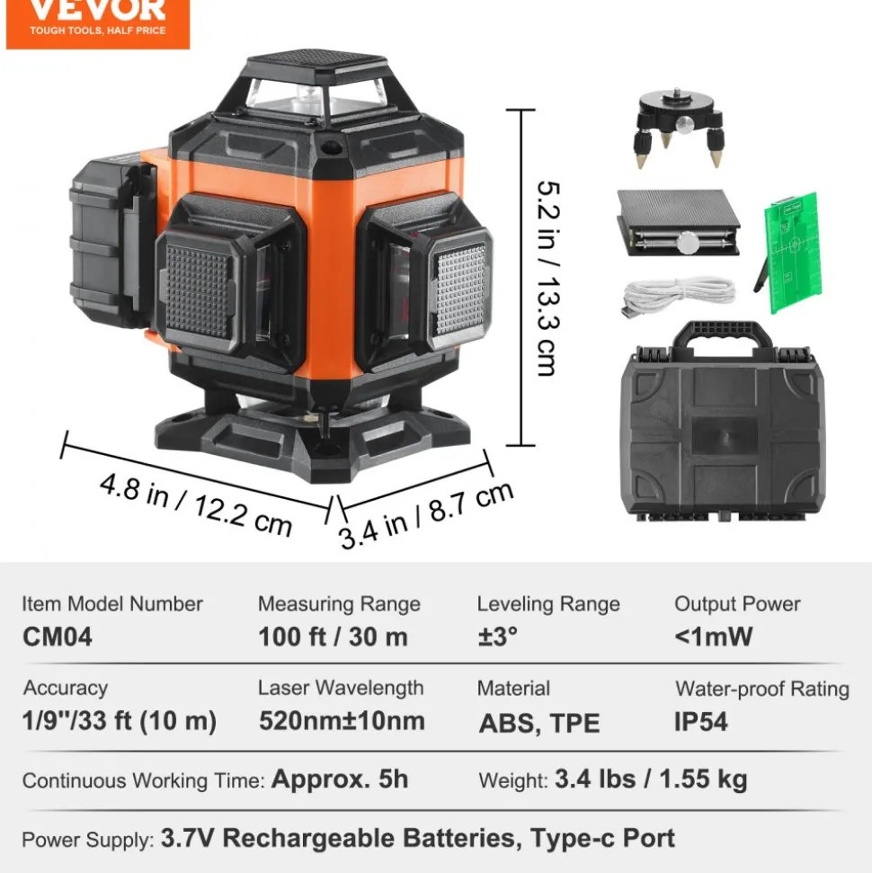 VEVOR Laser Level, 100ft, Self Leveling Manual Green 4 x 360° Cross 16 Line Laser, IP54 Waterproof Manual Self-leveling Mode & 5h Continuous Working Time Line Laser, Battery Include
