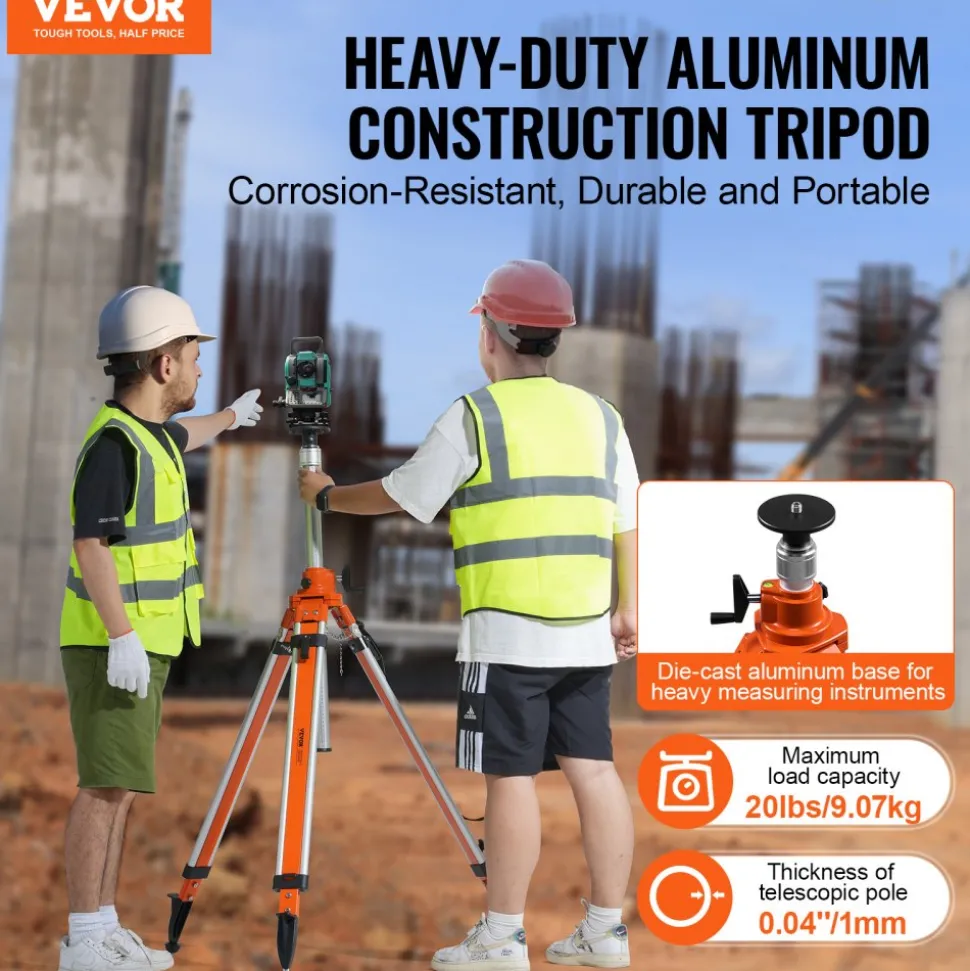 VEVOR Laser Level Tripod Stand, 5/8"-11 Thread Mount, 45.07-114.37 inch Height Adjustment Heavy Duty Survey Tripod, with Level Bubble & Diffusion Limiter , Liftable Non-Skid Feet for Construction