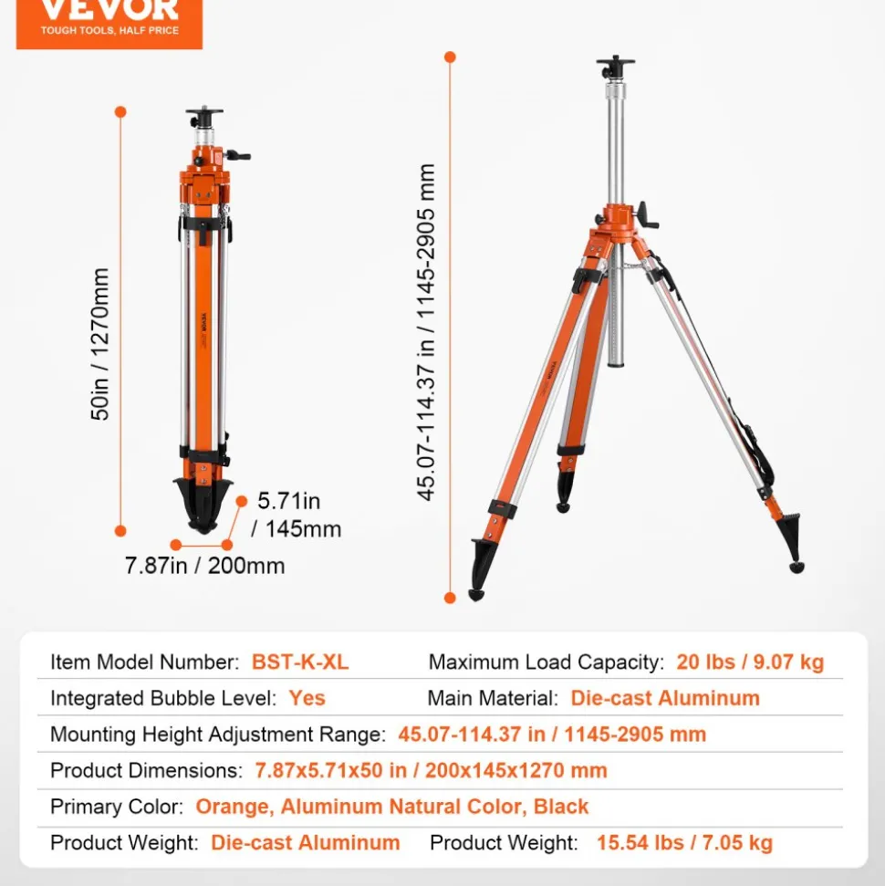 VEVOR Laser Level Tripod Stand, 5/8"-11 Thread Mount, 45.07-114.37 inch Height Adjustment Heavy Duty Survey Tripod, with Level Bubble & Diffusion Limiter , Liftable Non-Skid Feet for Construction