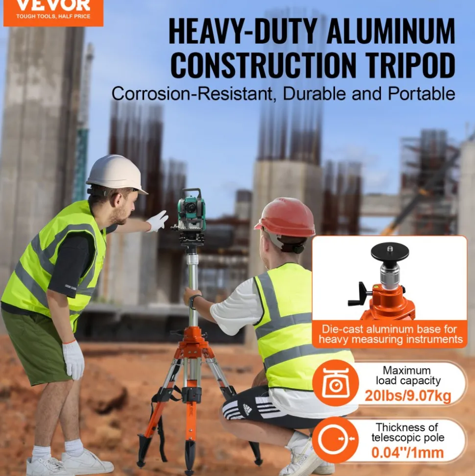VEVOR Laser Level Tripod Stand, 5/8"-11 Thread Mount, 27.16-67.71 inch Height Adjustment Heavy Duty Survey Tripod, with Level Bubble & Diffusion Limiter , Liftable Non-Skid Feet for Construction