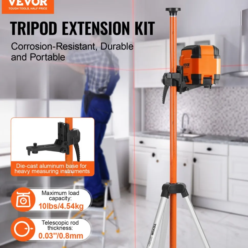 VEVOR Laser Level Tripod, 1/4"-20 & 5/8"-11 Thread Mount, 40.94-133.85 inch Height Adjustment with Level Bubble & Heavy-duty Stand, Extendable Pole Lightweight Aluminum Tripod for Laser Scanner
