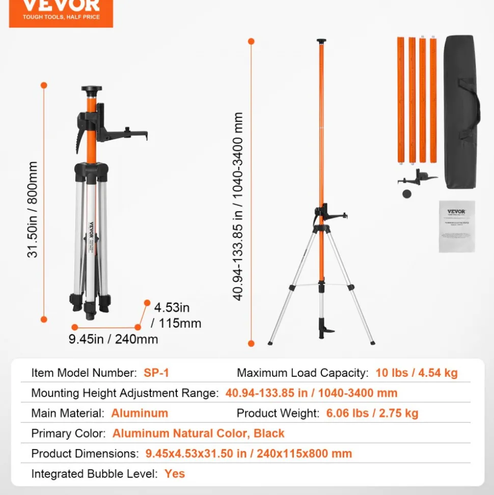 VEVOR Laser Level Tripod, 1/4"-20 & 5/8"-11 Thread Mount, 40.94-133.85 inch Height Adjustment with Level Bubble & Heavy-duty Stand, Extendable Pole Lightweight Aluminum Tripod for Laser Scanner