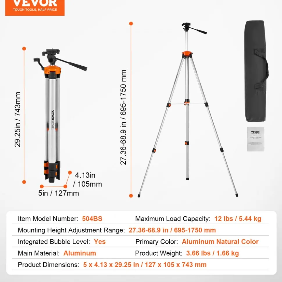 VEVOR Laser Level Tripod, ¼ x 20 Thread Mount, 27.36-68.11 inch Height Adjustment with Integrated Level Bubble Lightweight Laser Scanner Stand, Retractable Legs Aluminum Tripod for Stable Measurement