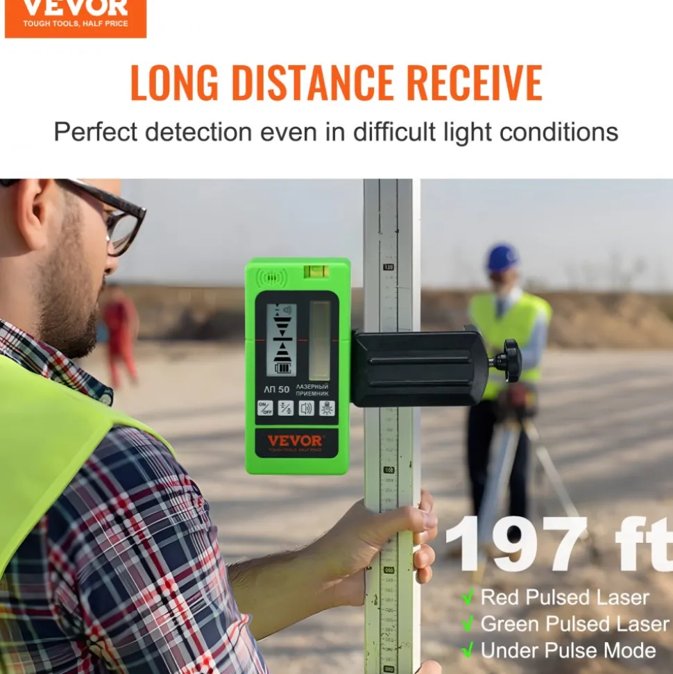 VEVOR Laser Receiver, 197 ft Working Range, Green Laser and Red Beam Detector for Pulsing Line Lasers, Customizable Speaker & Dual LCD Display & Built-In Bubble Level with Clamp for Laser Level Ebay美
