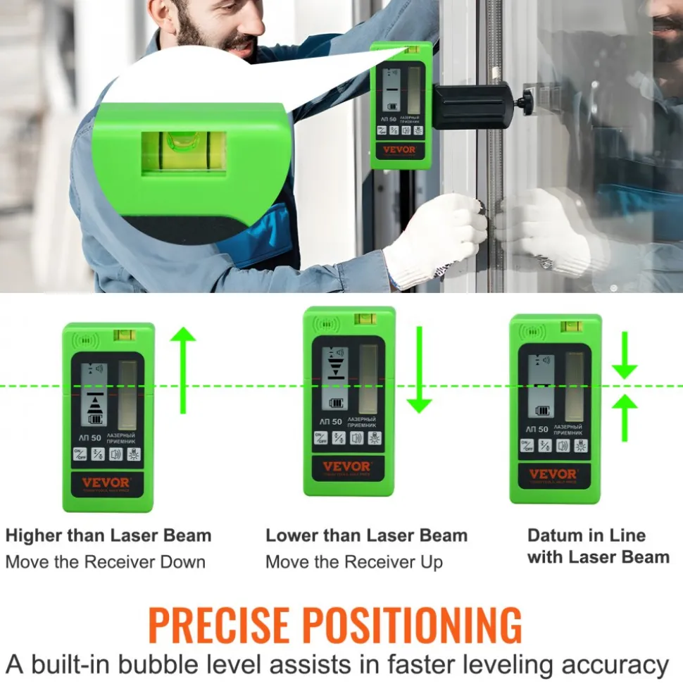VEVOR Laser Receiver, 197 ft Working Range, Green Laser and Red Beam Detector for Pulsing Line Lasers, Customizable Speaker & Dual LCD Display & Built-In Bubble Level with Clamp for Laser Level Ebay美