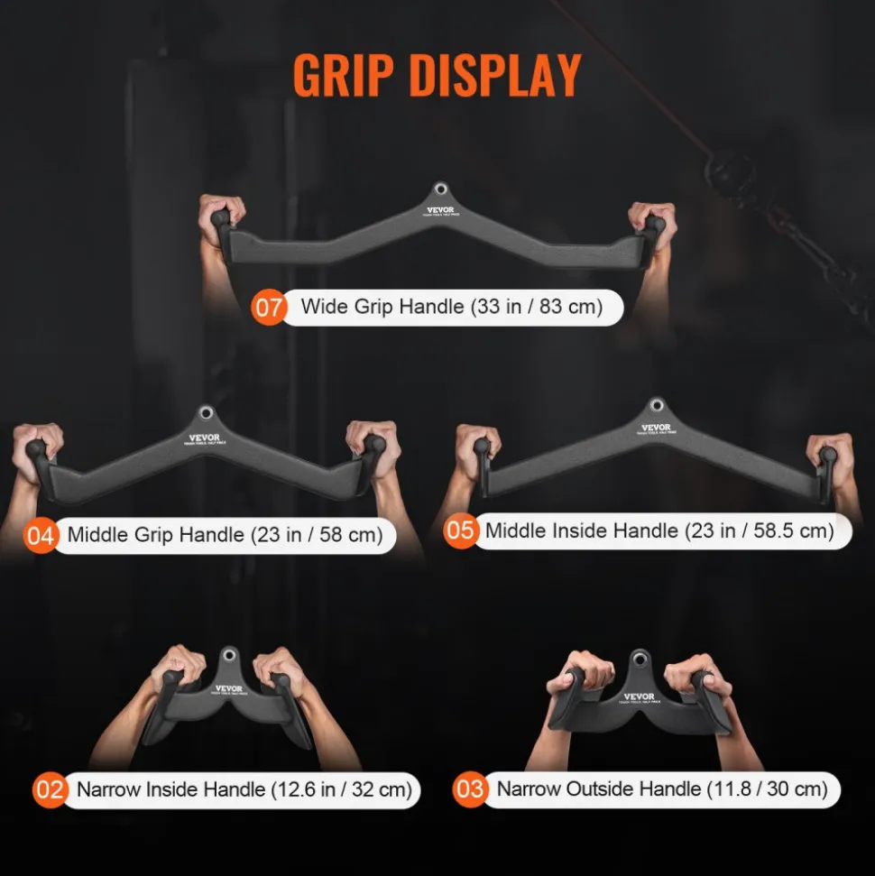VEVOR LAT Pulldown Attachments, Cable Machine Rowing T-bar V-bar 5 Set, Tricep Pull Down Bar, Back Strength Training Rubber Coated Handle Grip, Bicep Curl Tricep Lat Pulldown Bar for Home Gym Fitness