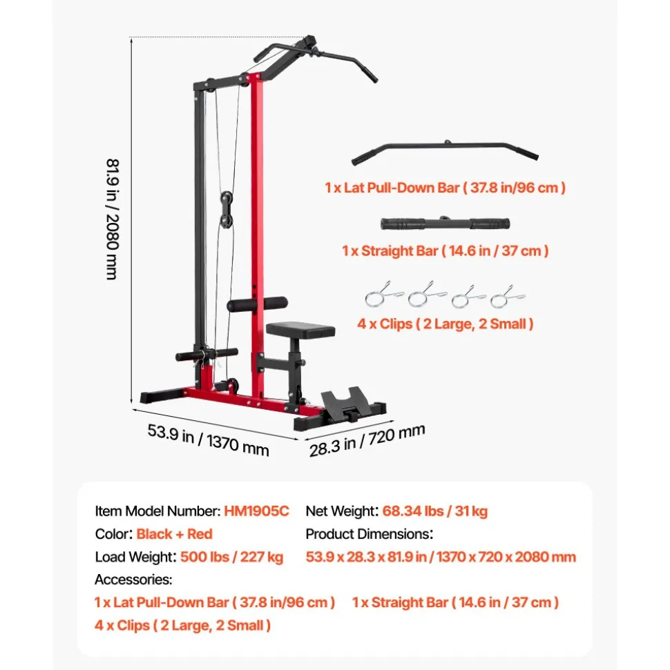 VEVOR LAT Pull Down Machine, 2-in-1 Row Cable Machine, Cable Machines Home Gym with 3-Level Adjustable Seat, 4-Level Adjustable Foam Roller, Load 500 lbs Lat Tower for Back, Chest, Tricep, Black Red