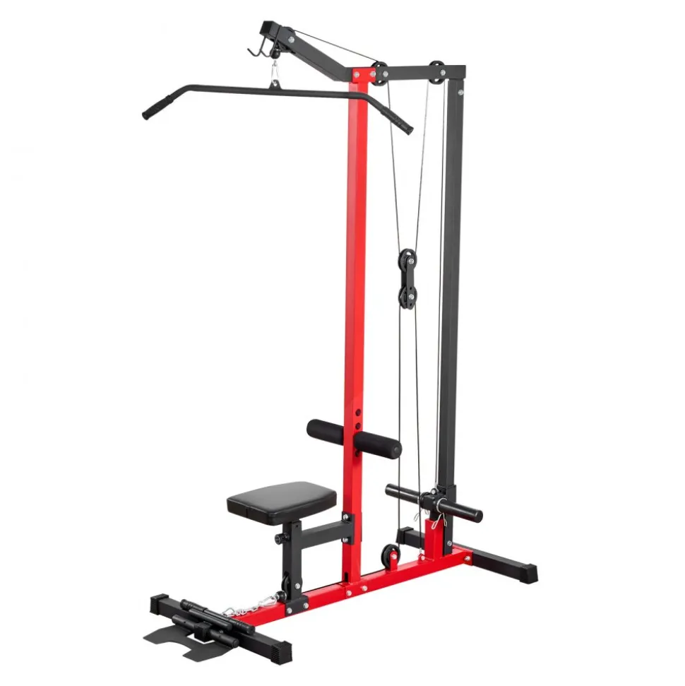 VEVOR LAT Pull Down Machine, 2-in-1 Row Cable Machine, Cable Machines Home Gym with 3-Level Adjustable Seat, 4-Level Adjustable Foam Roller, Load 500 lbs Lat Tower for Back, Chest, Tricep, Black Red