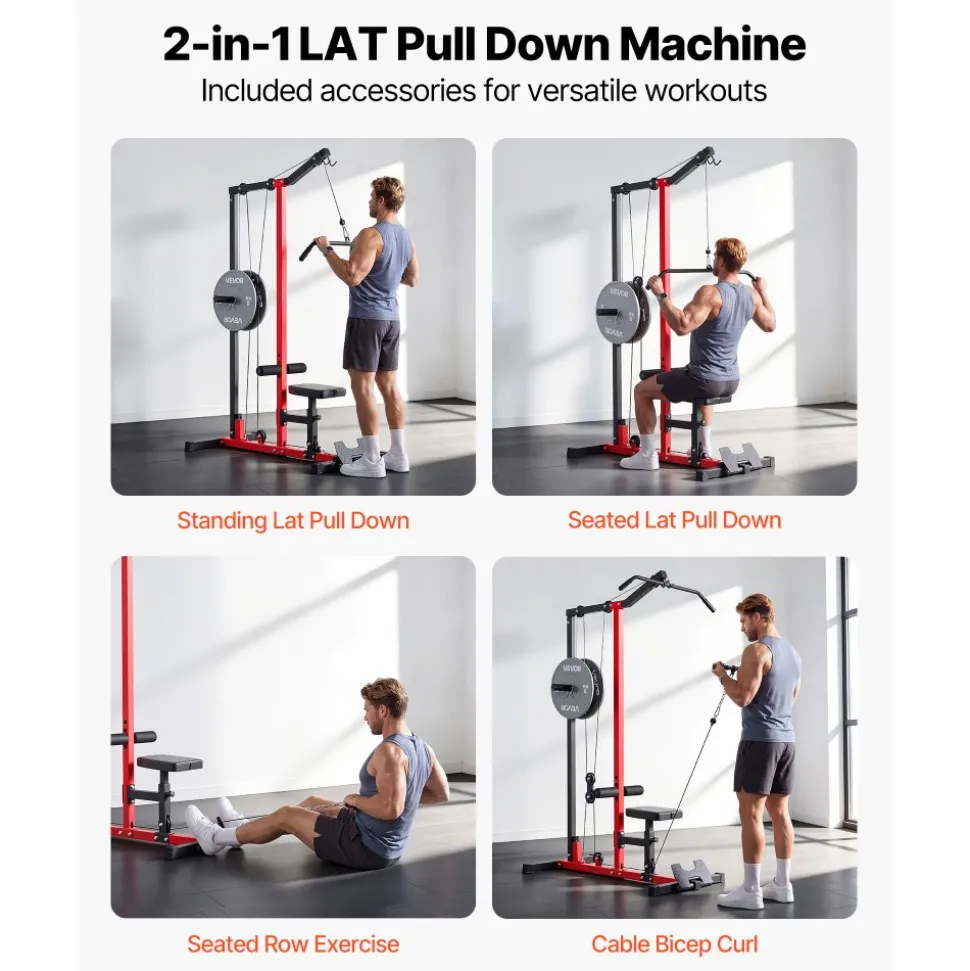 VEVOR LAT Pull Down Machine, 2-in-1 Row Cable Machine, Cable Machines Home Gym with 3-Level Adjustable Seat, 4-Level Adjustable Foam Roller, Load 500 lbs Lat Tower for Back, Chest, Tricep, Black Red