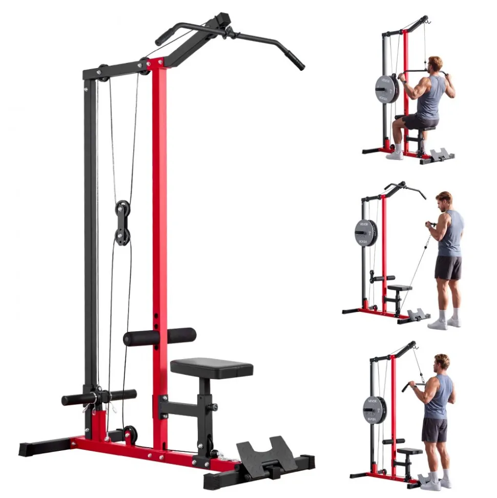 VEVOR LAT Pull Down Machine, 2-in-1 Row Cable Machine, Cable Machines Home Gym with 3-Level Adjustable Seat, 4-Level Adjustable Foam Roller, Load 500 lbs Lat Tower for Back, Chest, Tricep, Black Red