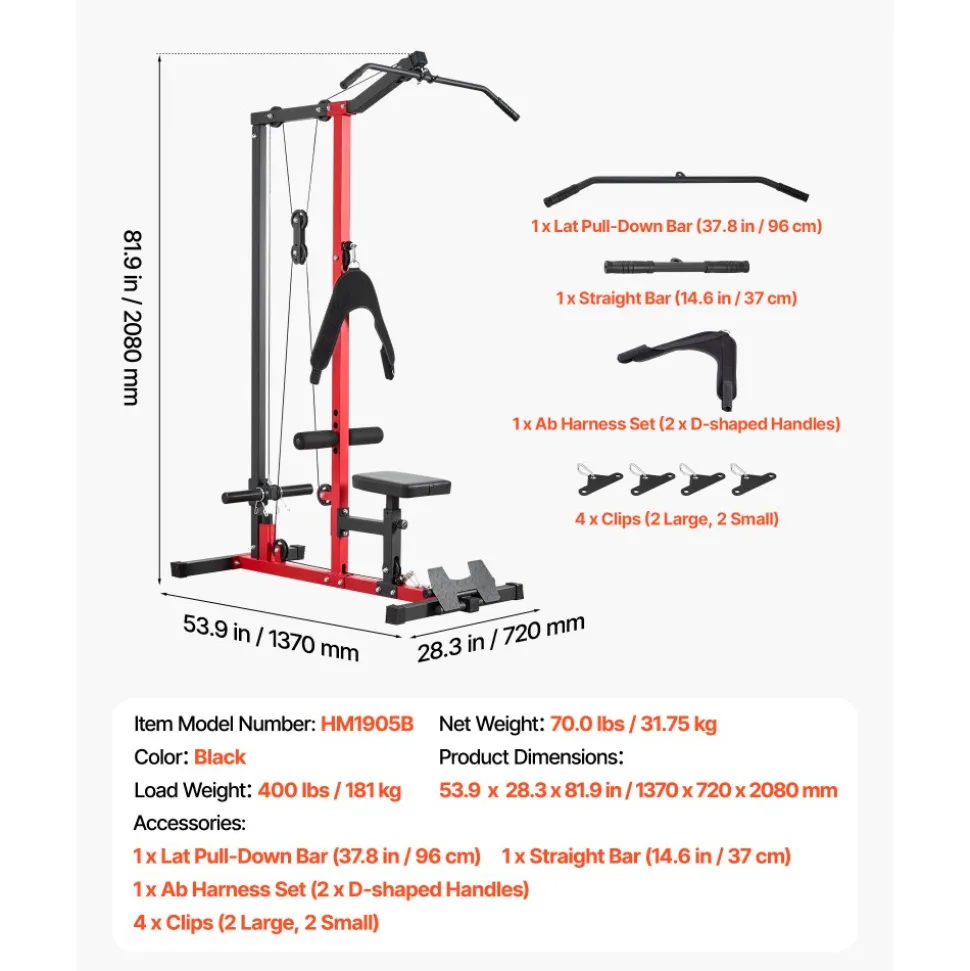 VEVOR LAT Pull Down Machine, 3-in-1 Row Cable Machine, Cable Machines Home Gym with 3-Level Adjustable Seat, 4-Level Adjustable Foam Roller, Load 400 lbs Lat Tower for Back, Chest, Tricep, Black