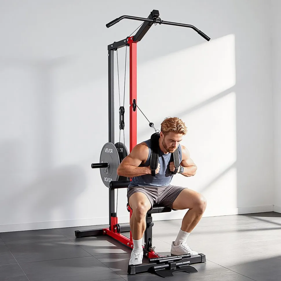 VEVOR LAT Pull Down Machine, 3-in-1 Row Cable Machine, Cable Machines Home Gym with 3-Level Adjustable Seat, 4-Level Adjustable Foam Roller, Load 400 lbs Lat Tower for Back, Chest, Tricep, Black