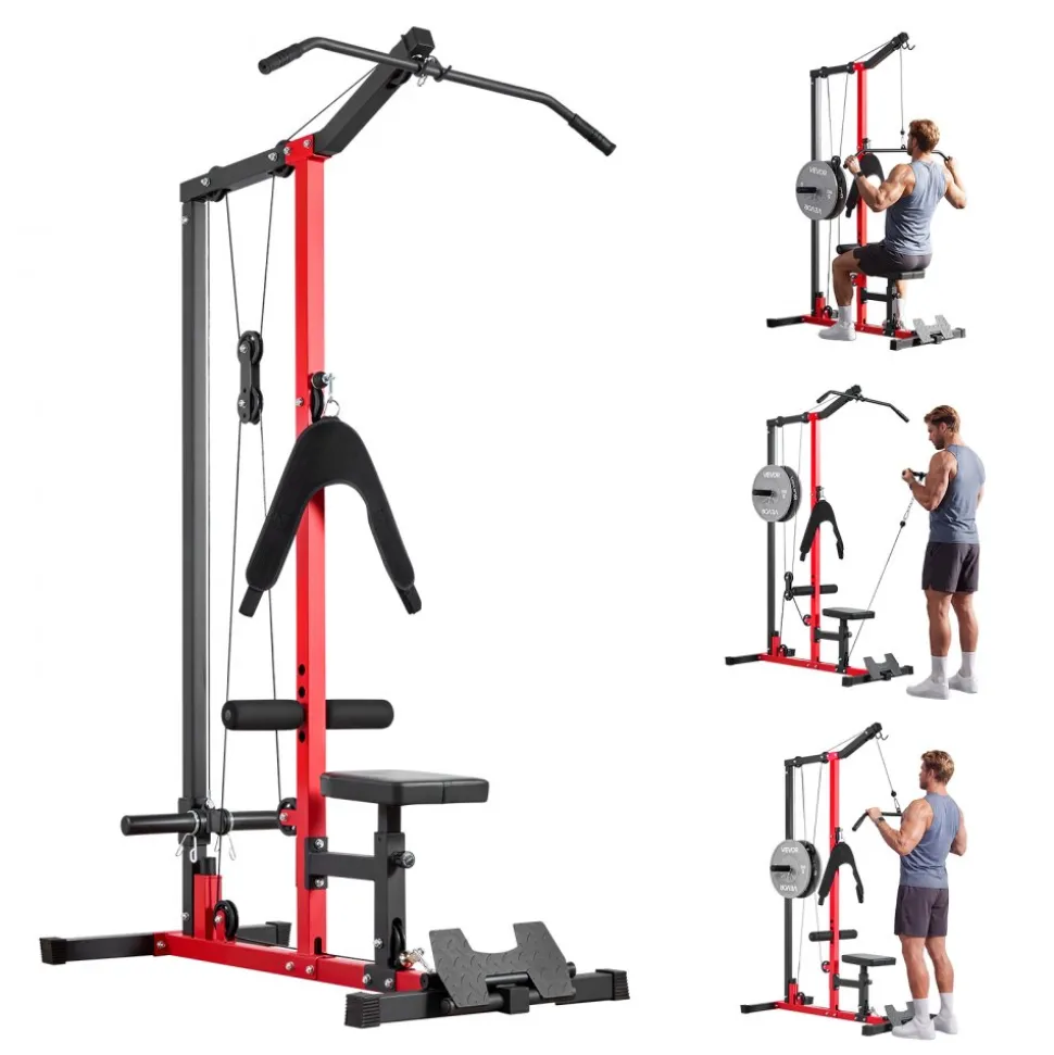 VEVOR LAT Pull Down Machine, 3-in-1 Row Cable Machine, Cable Machines Home Gym with 3-Level Adjustable Seat, 4-Level Adjustable Foam Roller, Load 400 lbs Lat Tower for Back, Chest, Tricep, Black