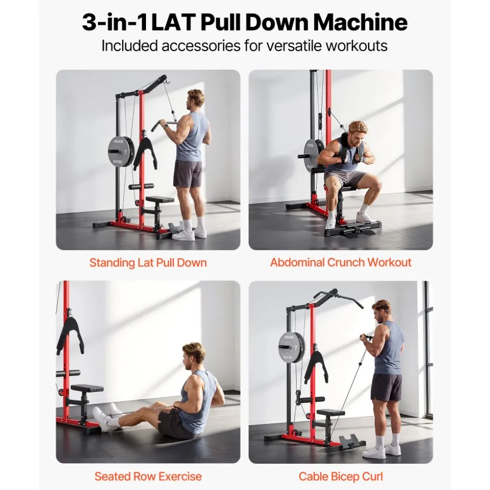 VEVOR LAT Pull Down Machine, 3-in-1 Row Cable Machine, Cable Machines Home Gym with 3-Level Adjustable Seat, 4-Level Adjustable Foam Roller, Load 400 lbs Lat Tower for Back, Chest, Tricep, Black
