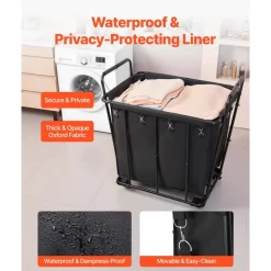 VEVOR Laundry Cart, Rolling Grocery Utility Cart with Waterproof Liner & Swivel Wheels, 260 LBS Large Load Capacity, Heavy Duty Shopping Basket for Laundry, Shopping, Camping, Grocery, Luggage, Black