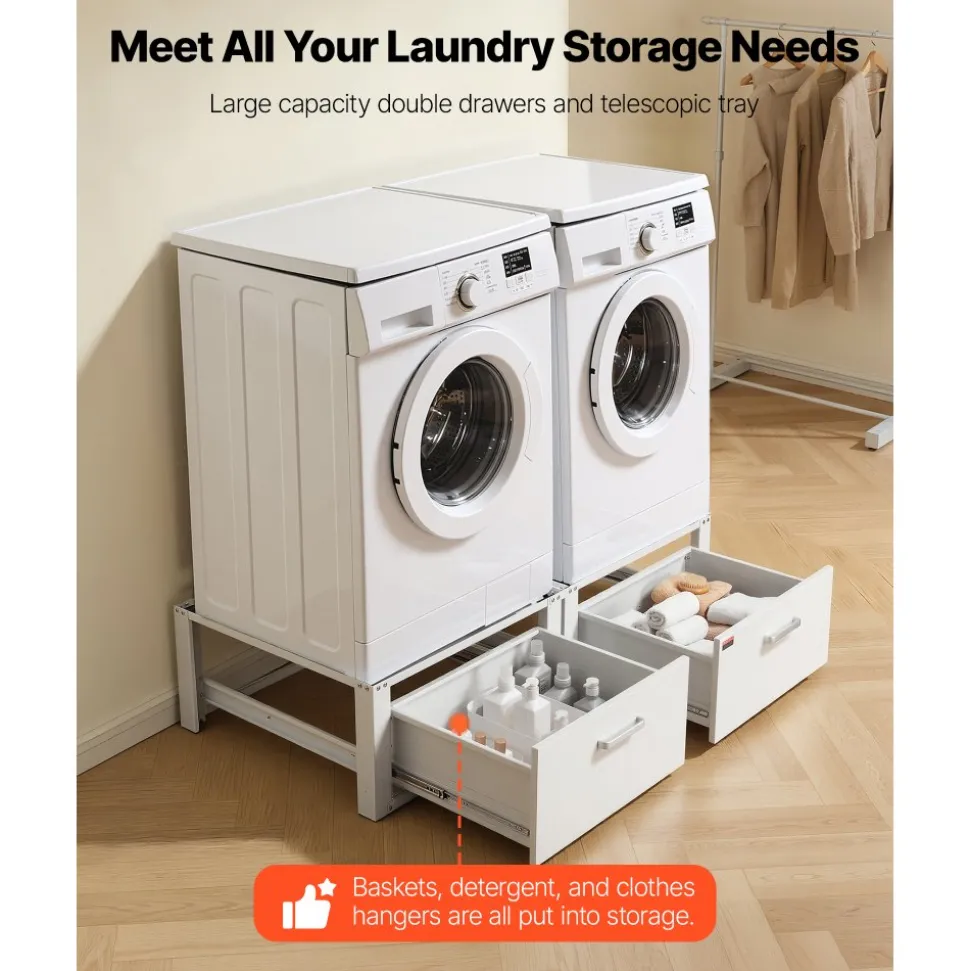 VEVOR Laundry Pedestal, 14 in Height, Washer and Dryer Pedestals with Drawer, 700 lbs Weight Load Capacity, Non-Slip Feet, Heavy-duty Steel Washing Machine Stand Universal Fit, White, 2 Pack