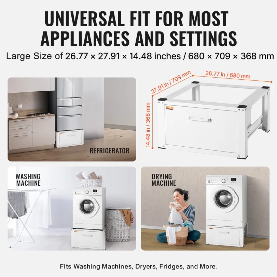 VEVOR Laundry Pedestal 27" Wide 14.4" Height, Washer And Dryer Base Stand Platform Universal Fit 660lbs Capacity, Heavy Duty Multi-Functional Base for Washing Machine with Drawer & Rich Accessories