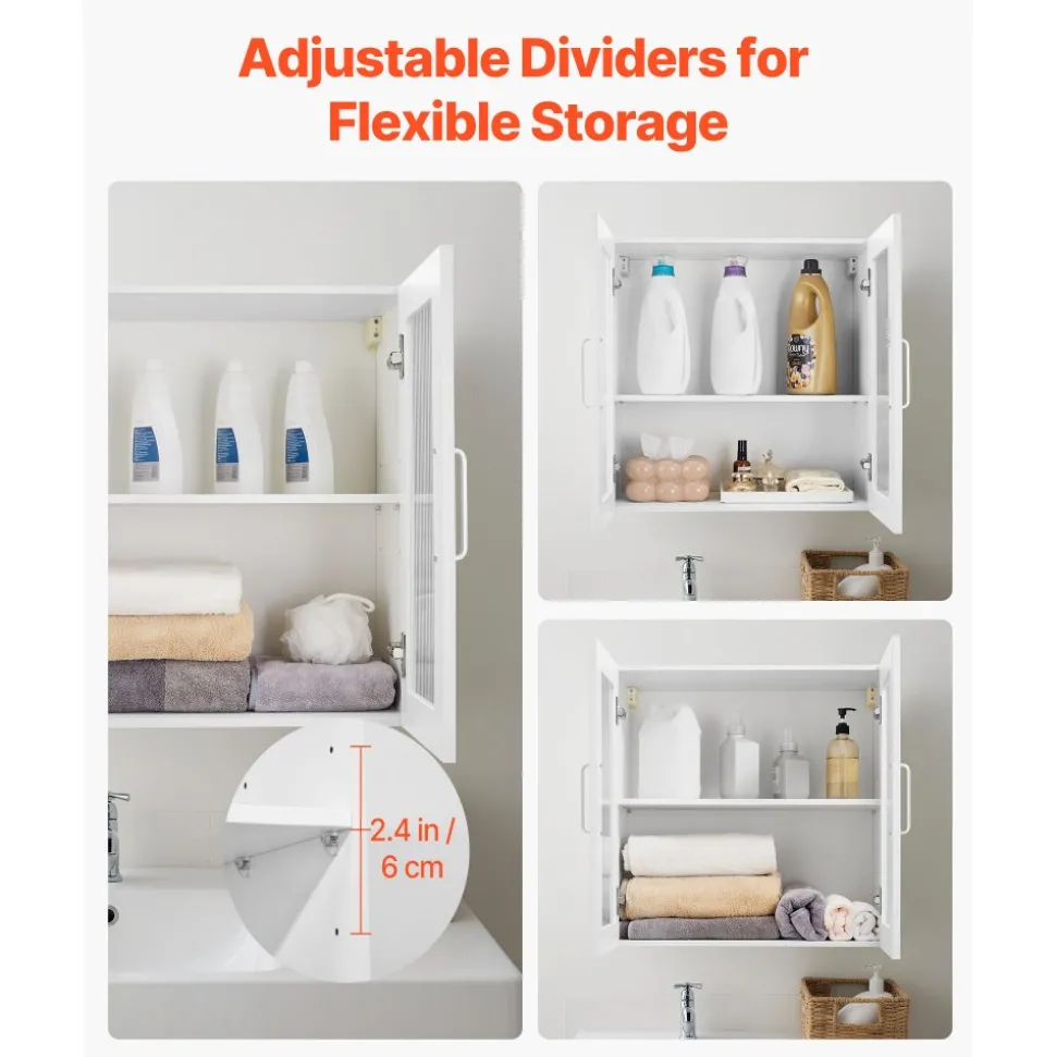 VEVOR Laundry Room Wall Cabinet, 2-Tier Wall Mounted Cabinet with Adjustable Shelf, Cupboard Storage with 4 Doors, for Kitchen, Bathroom, Laundry, Set of 2, Each 12 x 24 x 24 in (D x W x H), White