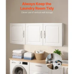 VEVOR Laundry Room Wall Cabinet, 2-Tier Wall Mounted Hanging Cabinet with Adjustable Shelf, Cupboard Storage with 3 Doors, for Kitchen, Bathroom, Laundry, 12.44 x 54 x 20.31 in (D x W x H), White